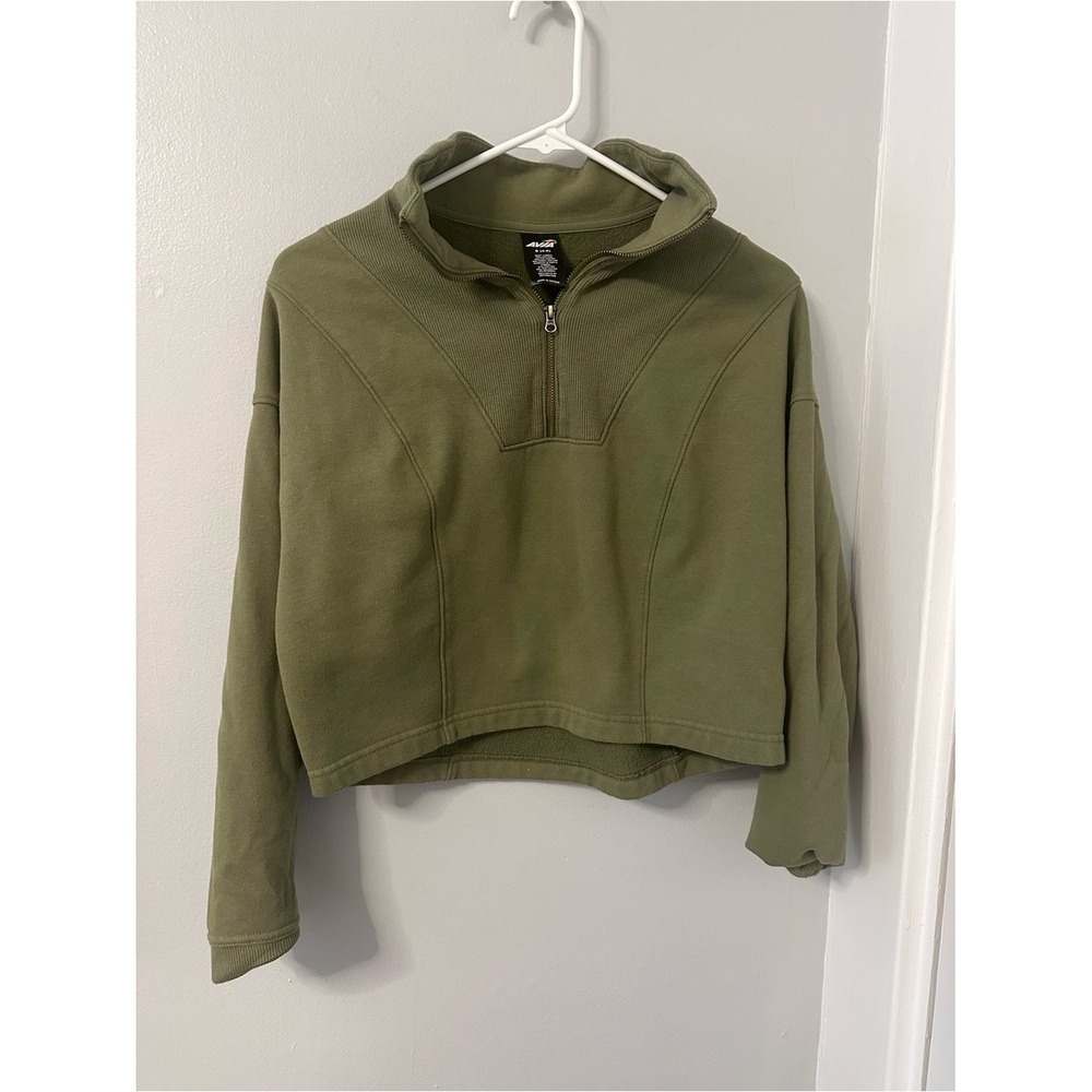 Avia Womens Olive Green Quarter Zip Cropped Sweatshirt Pullover Small 4-6